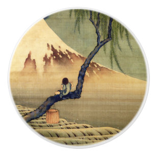 Hokusai Boy View Mount Fuji Japansk Vintage Knopp