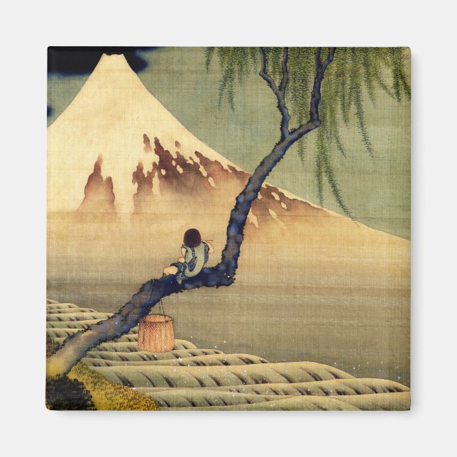 Hokusai Boy View Mount Fuji Japansk Vintage Magnet (Framsidan)