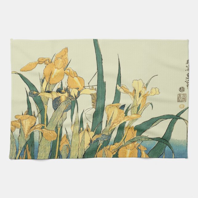 Hokusai grashopper och iris Japan Kökshandduk (Horisontell)