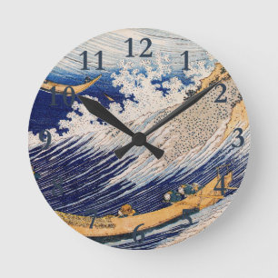 Hokusai Havsvågor Sjöbåtar Rund Klocka