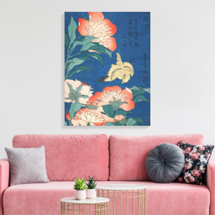 Hokusai Japansk Konst Pioner och Kanariefågel Canvastryck