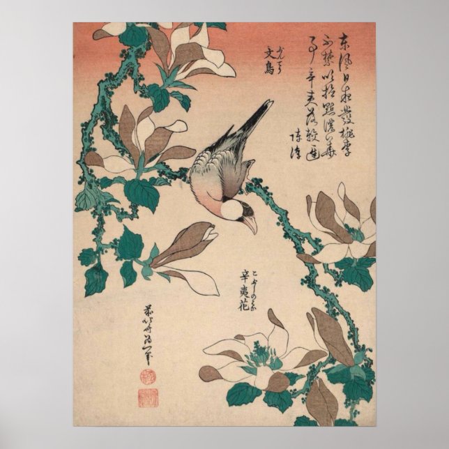 Hokusai Java Sparrow på Magnolia GalleryHD Poster (Framsidan)