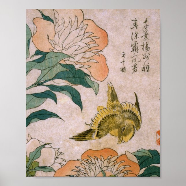 Hokusai Katsushika - Peony och Canary Poster (Framsidan)