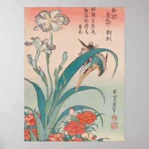 Hokusai Kingfisher Iris och Vild Pinks GalleryHD Poster
