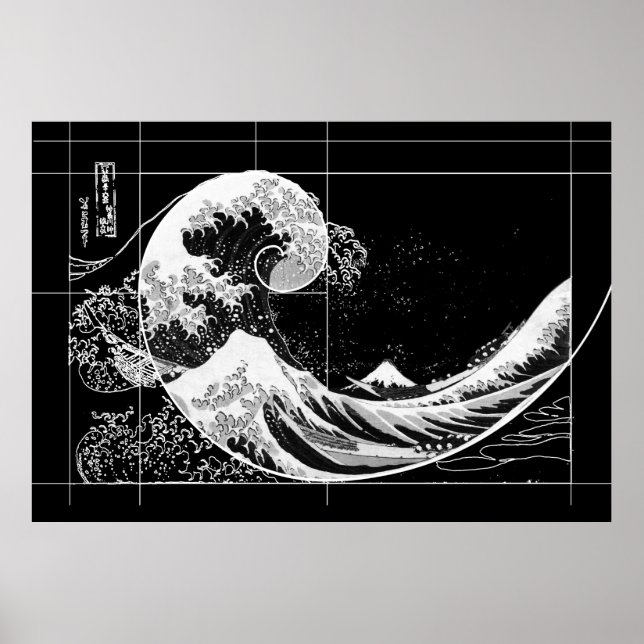 Hokusai Meets Fibonacci, Black and White Poster (Framsidan)