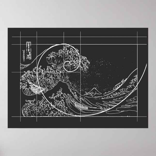 Hokusai Meets Fibonacci linjär svart och vit Poster (Framsidan)