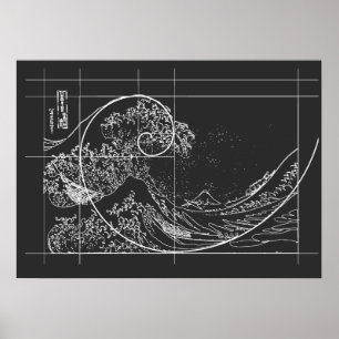 Hokusai möter Fibonacci linjärt svartvitt Poster