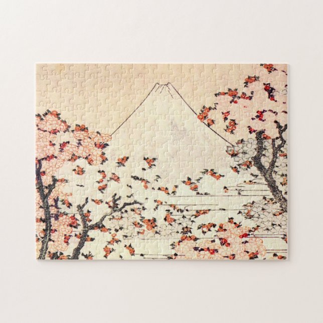 Hokusai Mount Fuji körsbärsrött blommarpussel Pussel (Horisontell)