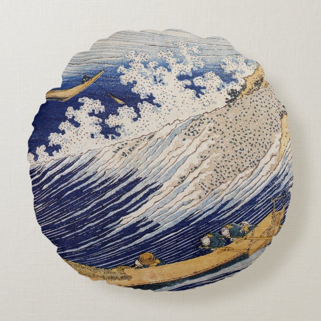 Hokusai Ocean Vågar Sea Boats Rund Kudde (Framsidan)