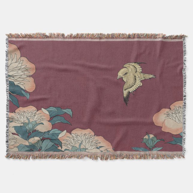 Hokusai Peonies och Canary Throw Blanket Filt (Framsidan)