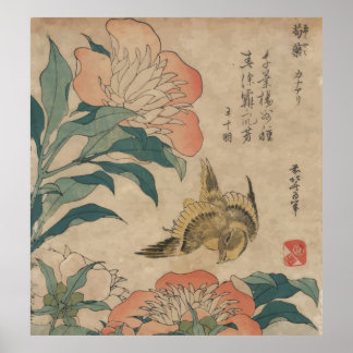 Hokusai Peony och Canary Poster