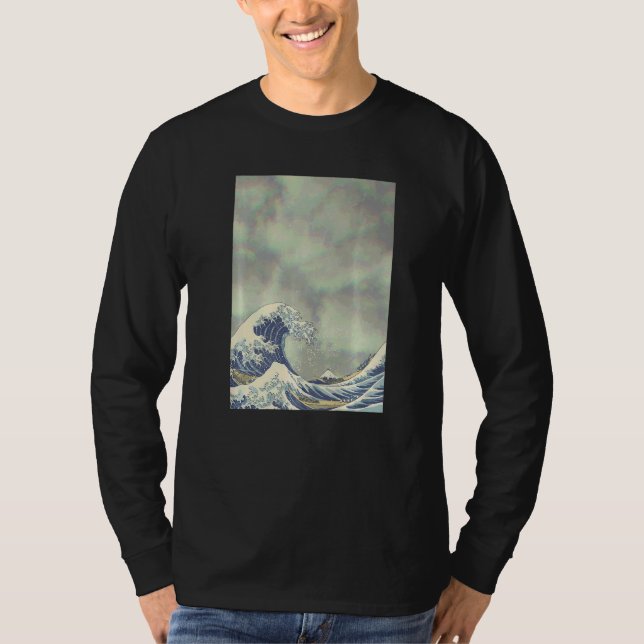 Hokusai Stora Vågen På Grunge Moln   T Shirt (Framsida)