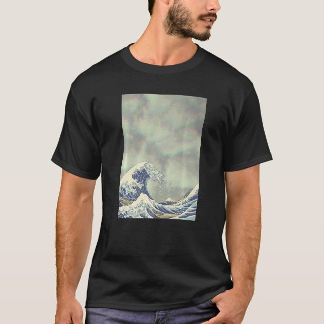Hokusai Stora Vågen På Grunge Moln   T Shirt (Framsida)