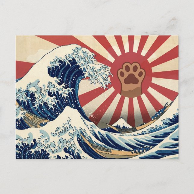 HOKUSAI "The Great Wave" & Rising Sun Flag & Cat Vykort (Framsida)
