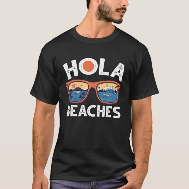 Hola Beaches Sunglass Handflatan Träd Retro Stil t Shirt (Framsida)
