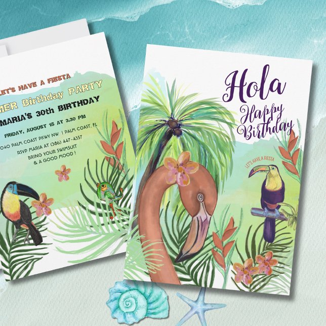 Hola Grattis på födelsedagen -Tropisk Flamingo Tuk Inbjudningar (Hola Happy Birthday -Tropical Flamingo Toucan Invitation)