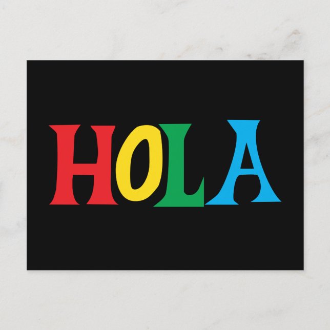 Hola i färgrik typografisk design vykort (Framsida)