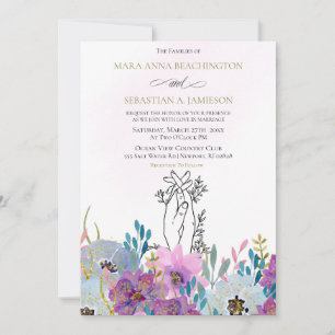 *~* Holding Händer Rosa Flowers Glitter Bröllop Inbjudningar