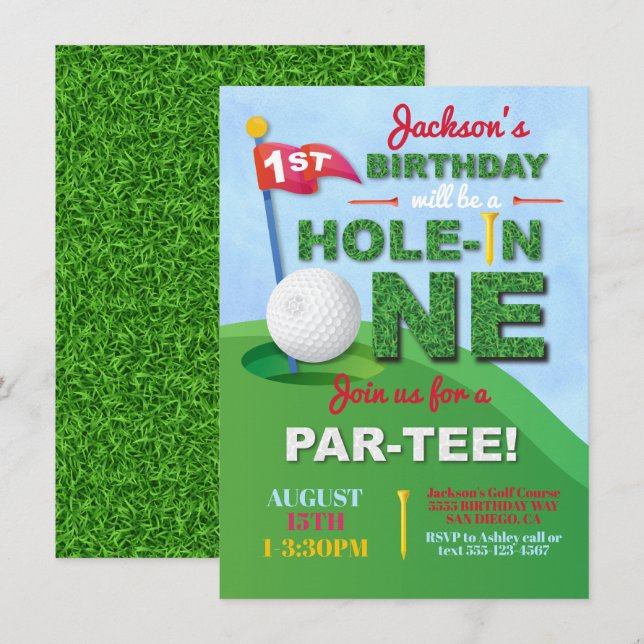 Hole in One 1-års födelsedags Par-tee-inbjudan Inbjudningar (Fram/baksida)