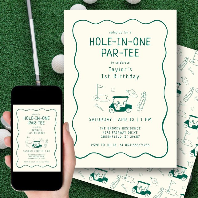 Hole In One 1st Birthday Par-tee Hand Drawn Green Inbjudningar (Hand-drawn golf icons add a playful, artistic touch to this modern first birthday invite.)