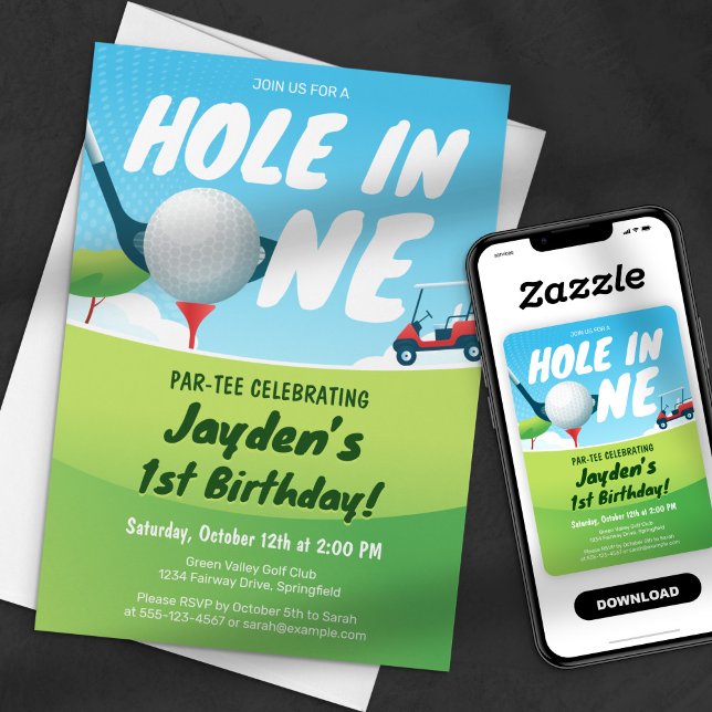 Hole-In-One Golf Födelsedags Par-Tee Tid Blå Grön Inbjudningar (Skapare uppladdad)