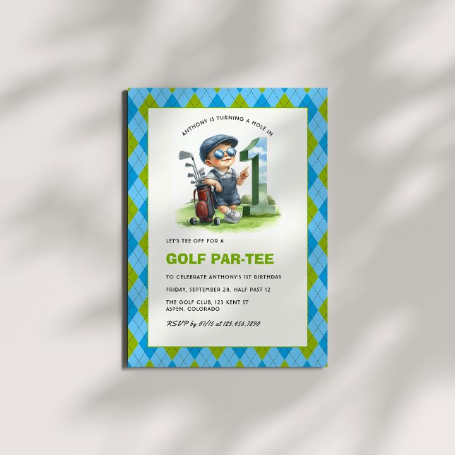Hole in One Golf Par-Tee 1-års födelsedags pojke Inbjudningar (Hole in One Golf Par-Tee 1st Birthday Boy Invitation)