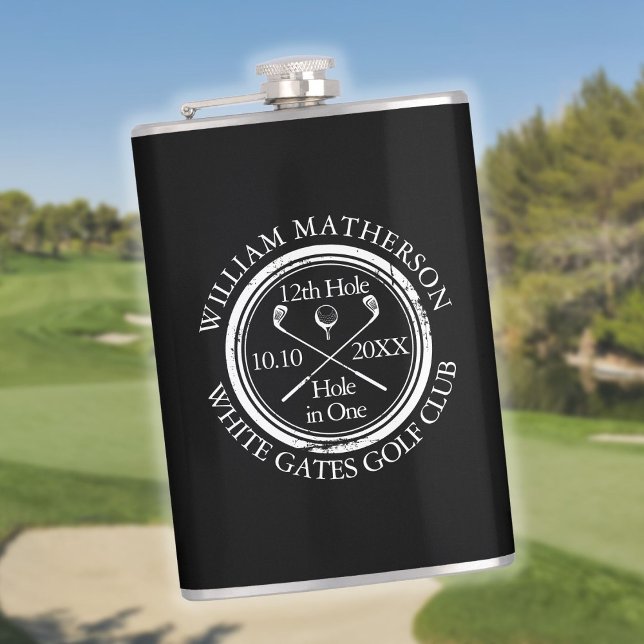 Hole in One Golf Personlig Svart Och Vit Fickplunta (Hole in One Golf Personalized Black And White Flask)