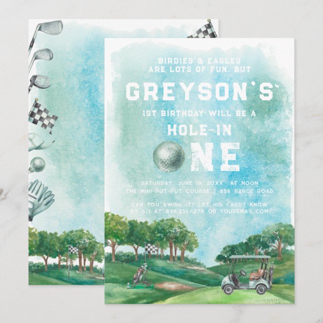 Hole In One Golf Pojke Första Födelsedags Par-Tee Inbjudningar (Fram/baksida)