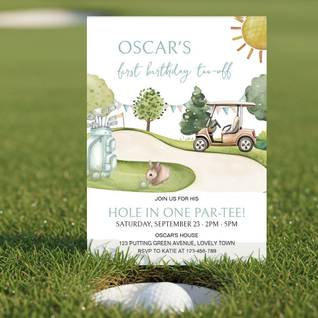 Hole in One Golf tema 1-års Födelsedags Par-ty Inbjudningar (Hole in one 1st Birthday Par-tee invitation. Tee-off your celebrations with this cute invite!)