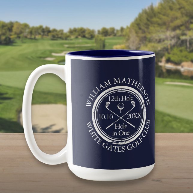 Hole in One Marinblå Personlig Golf  Två-Tonad Mugg (Hole in One Navy Blue Personalized Golf Two-Tone Coffee Mug)