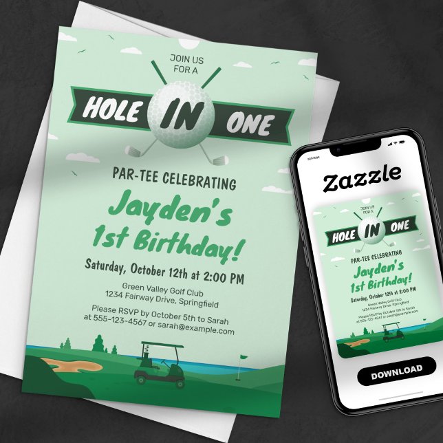 Hole-In-One Par-tee Golf Födelsedagsfest Grön Inbjudningar (Skapare uppladdad)