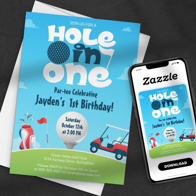 Hole In One Par tee Grön Blå Golf Födelsedagsfest Inbjudningar (Skapare uppladdad)