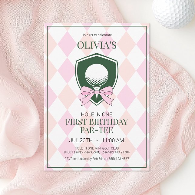Hole in One Pink Golf Girls 1-års födelsedagsfest Inbjudningar (Hole in One Pink Golf Girl First Birthday Party Invitation)