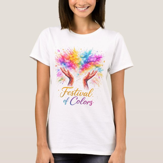 Holi Festival Hands Throwing Colors Watercolor T Shirt (Framsida)