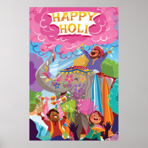Holi Hai Painting Elephant i Crowd Poster