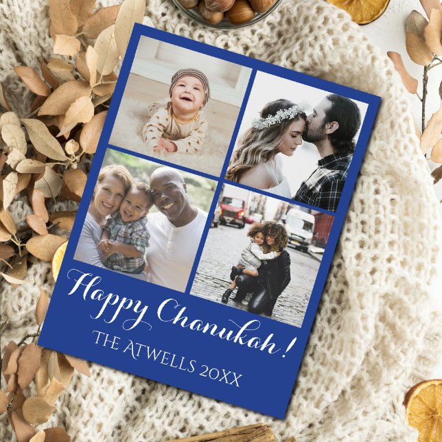 Holiday 4 Photos Happy Chanukah Family Blue Helg Vykort (This blue and white photo postcard is an easy way to stay in touch with family.)