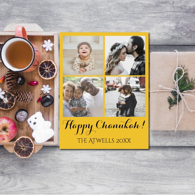 Holiday 4 Photos Happy Chanukah Family Gold Helg Vykort (Personalize this Chanukah postcard with your family photos.)