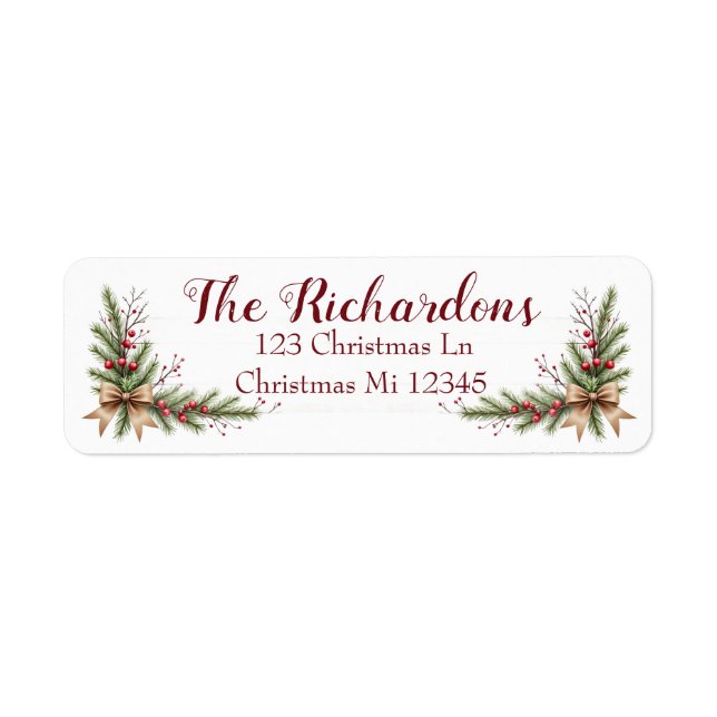 Holiday Address Label with Pine Branches and Bow Returadress Etikett (Framsidan)