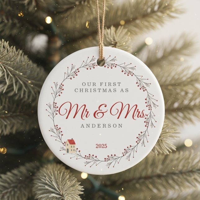 Holiday Berry Branch Christmas Newlyweds Julgransprydnad Keramik (first christmas married)