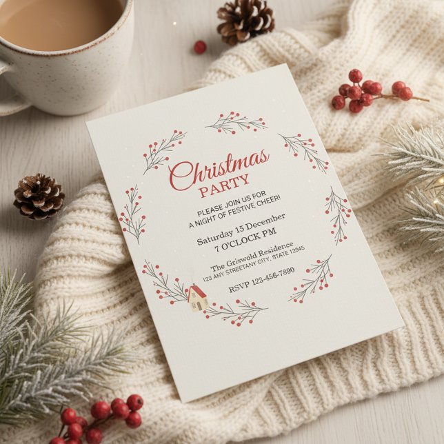 Holiday Berry Branch Christmas Party Invitation Inbjudningar (Elegant Christmas Party Invitation)