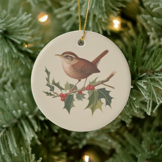 Holiday Bird Wren on Holly Branch Christmas Nature Julgransprydnad Keramik (Träd)