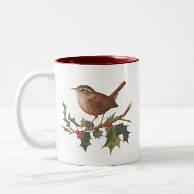 Holiday Bird Wren on Holly Branch Christmas Nature Två-Tonad Mugg (Vänster)