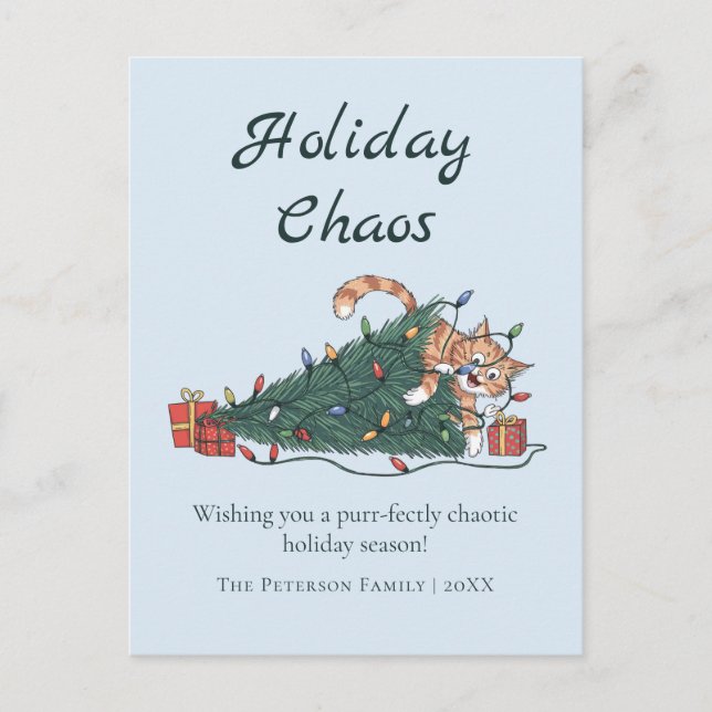 Holiday Chaos Funny Cat Christmas Postcard Helg Vykort (Framsida)