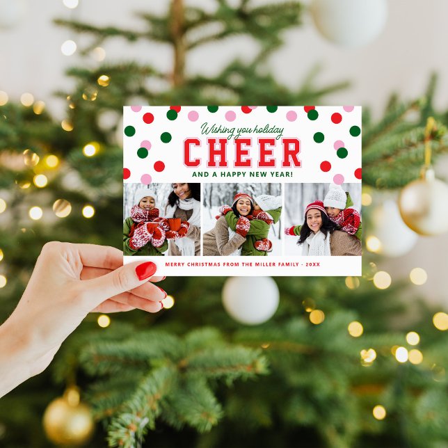 Holiday Cheer Modern 3 Photo Christmas Card Julkort (Skapare uppladdad)