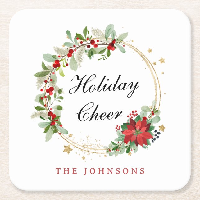 Holiday Cheer Poinsettia Wreath Gold Personalized Underlägg Papper Kvadrat (Framsidan)