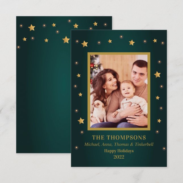 Holiday Christmas Gold Stars Family Photo card Inbjudningar (Fram/baksida)