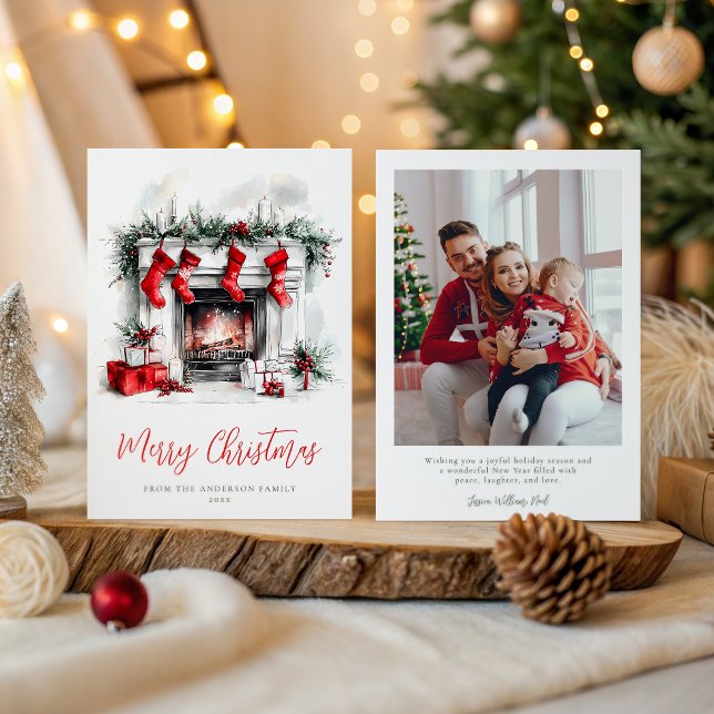 Holiday Cozy Fireplace Christmas Family Photo Julkort (Skapare uppladdad)