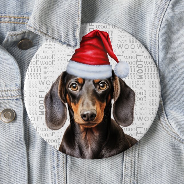 Holiday Dachshund Santa Dog on Woof Background Knapp (In Situ)