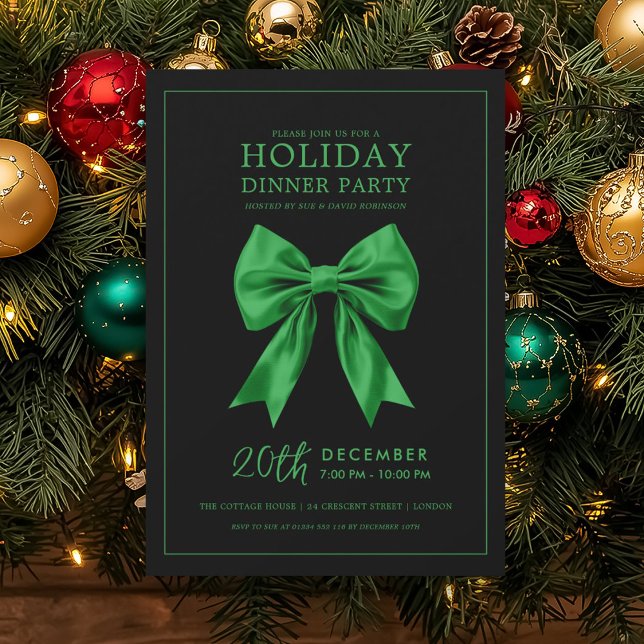 Holiday Dinner Party Green Satin Bow Black  Inbjudningar (Holiday Dinner Party Green Satin Bow Black Invitation)