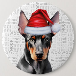 Holiday Doberman Jultomte Hund på Woof Bakgrund Knapp